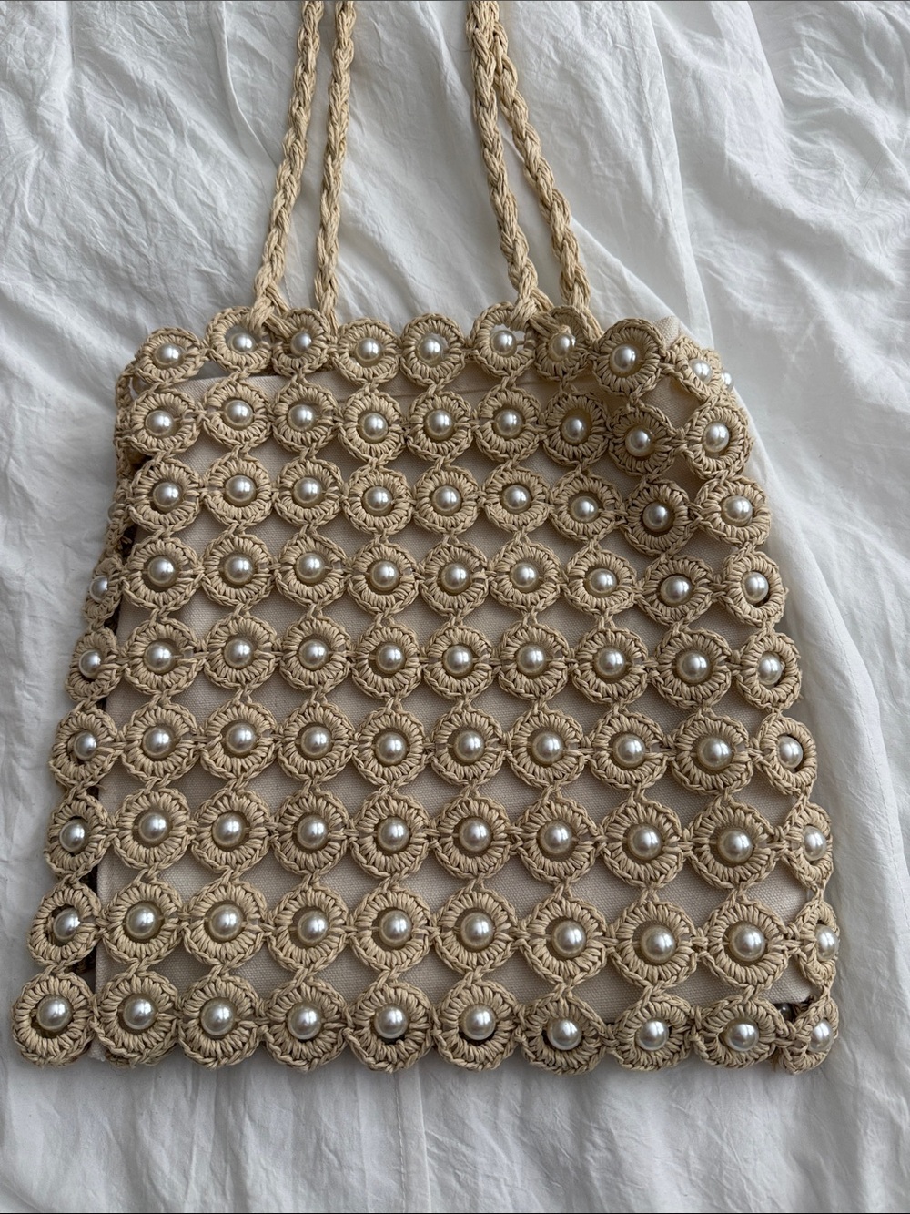 Beaded Crochet Pearl Tote Bag - Beige